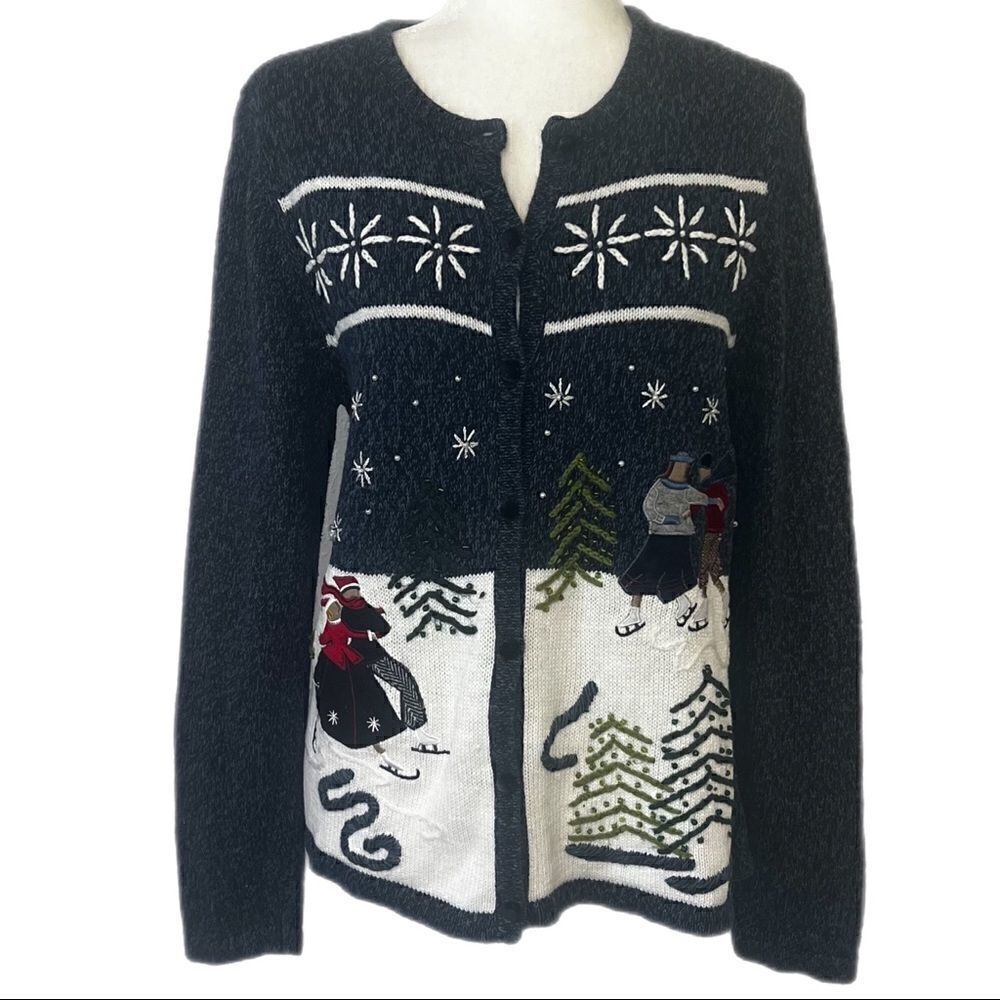 Vintage Christmas Cardigan with Ice Skaters. Has Beading and Velvet Appliqués.